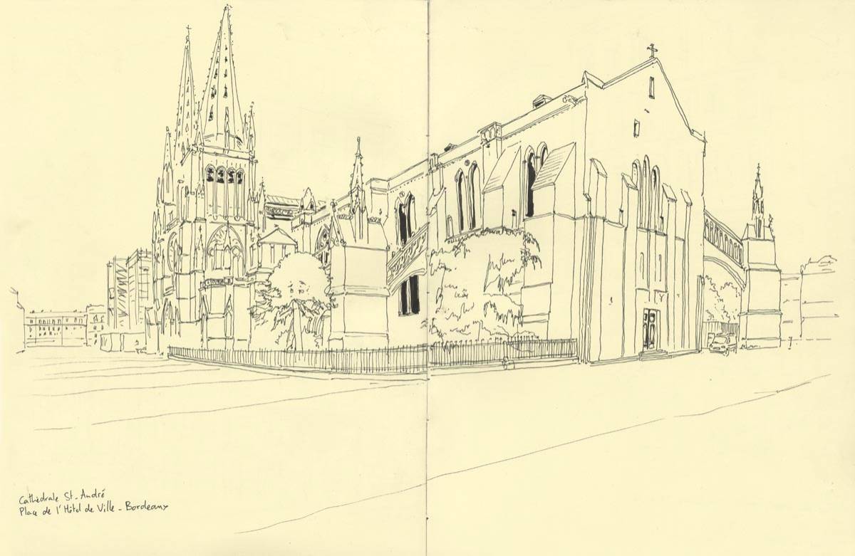 Bordeaux, rencontre Urban Sketchers, Place de l'Hôtel de Ville, Cathédrale Saint André