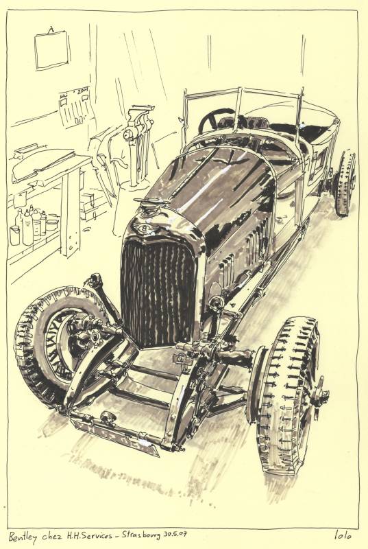 Carrosserie HH, Bentley, Tout l'arrière de cette voiture va être recréé dans l'esprit de l'époque.
Croquis aux feutres dans l'atelier
20cm x 30cm environ