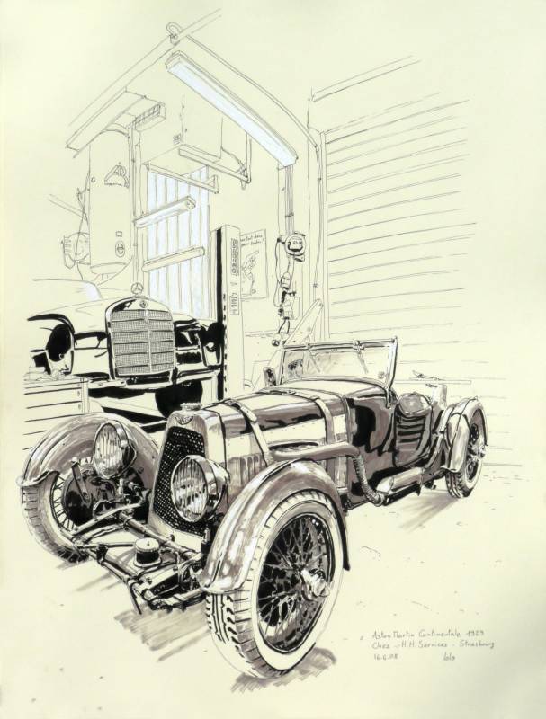 Carrosserie HH, Aston Martin International 1929…, … et Mercedes 220 SE
Dessin aux feutres et pinceau.
47 cm x 62 cm