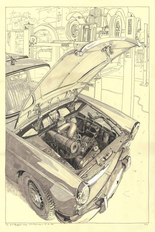 Carrosserie HH, Peugeot 404 SL 1963 - c'est la mienne !, Croquis aux feutres et pinceau dans l'atelier de carrosserie
42cm x 62cm environ
