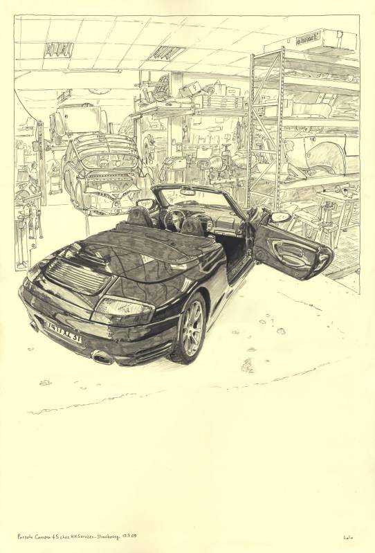 Carrosserie HH, Porsche Carrera 4 s, Croquis aux feutres et pinceau dans l'atelier de carrosserie
42cm x 62cm environ