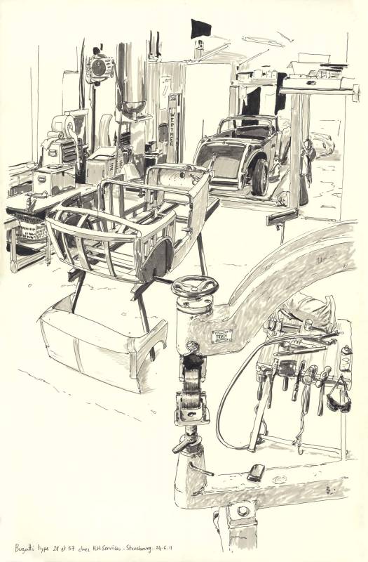 Carrosserie HH, Bugatti type 28, Croquis aux feutres et pinceau dans l'atelier de Hubert Haberbusch
32cm x 49cm environ