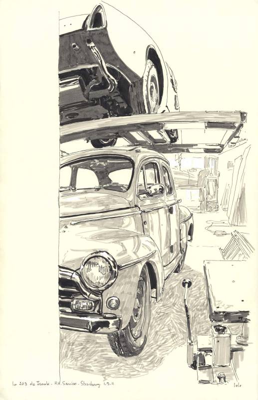 Carrosserie HH, Peugeot 203 et Maserati, Croquis aux feutres et pinceau dans l'atelier de Hubert Haberbusch
32cm x 50cm environ