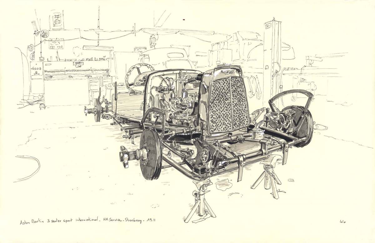 Carrosserie HH, Aston Martin 3 seater sport, Croquis aux feutres et pinceau dans l'atelier de Hubert Haberbusch
50cm x 32cm environ