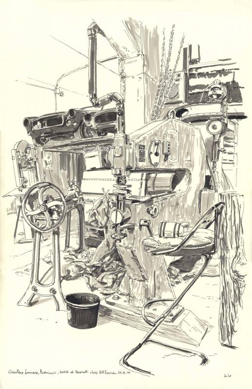 Carrosserie HH, Cisaille, Maserati et Mercedes 300 SL, Croquis aux feutres et pinceau dans l'atelier de Hubert Haberbusch
32cm x 50cm environ