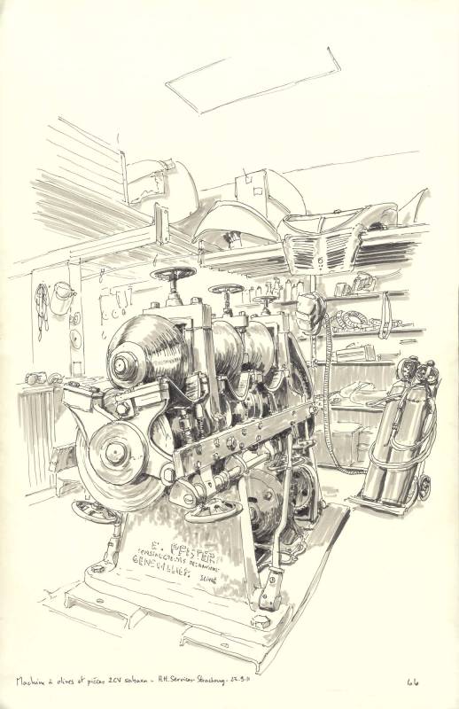 Carrosserie HH, Machine à Olive, Croquis aux feutres et pinceau dans l'atelier de Hubert Haberbusch
32cm x 50cm environ