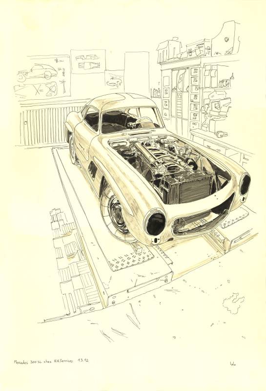 Carrosserie HH, Mercedes 300 SL, Croquis aux feutres et pinceau dans l'atelier de Hubert Haberbusch
43cm x 63cm environ