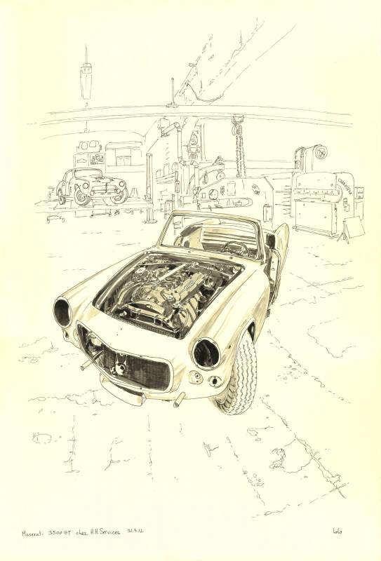 Carrosserie HH, Maserati 3500 GT, Croquis aux feutres et pinceau dans l'atelier de Hubert Haberbusch
43cm x 63cm environ