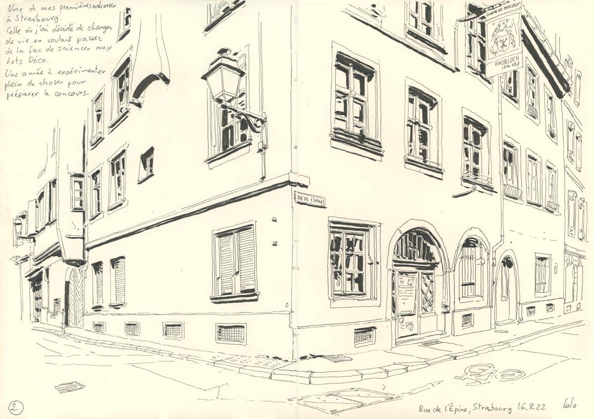 Strasbourg, Rue de l'Épine, Croquis dans un carnet voyageur