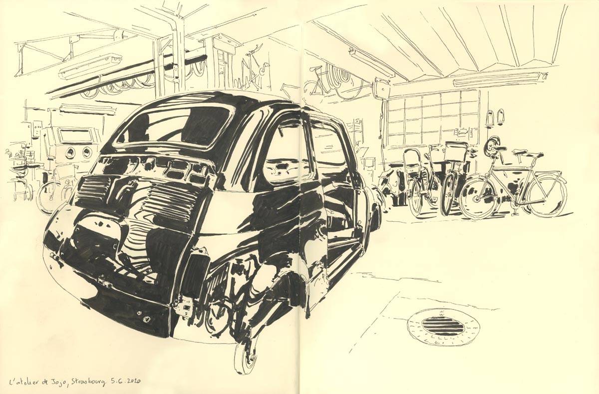 Croquis de garages, Fiat 500 à l'Atelier de Jojo, 