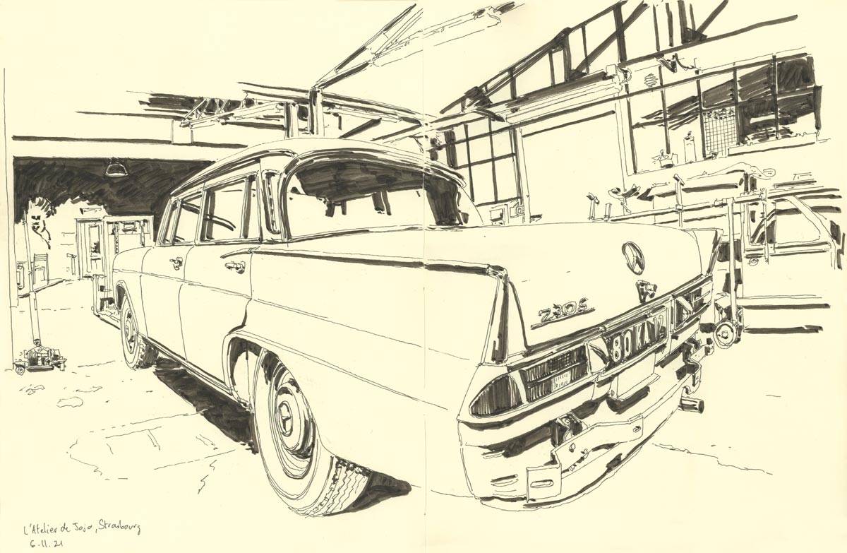 Croquis de garages, Rue du Ziegelfeld, Mercedes 230S à l'Atelier de Jojo