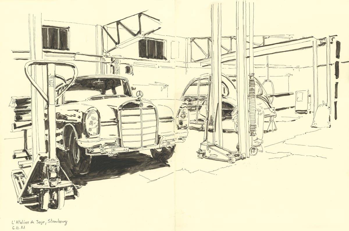 Croquis de garages, Rue du Ziegelfeld, Mercedes 230S à l'Atelier de Jojo