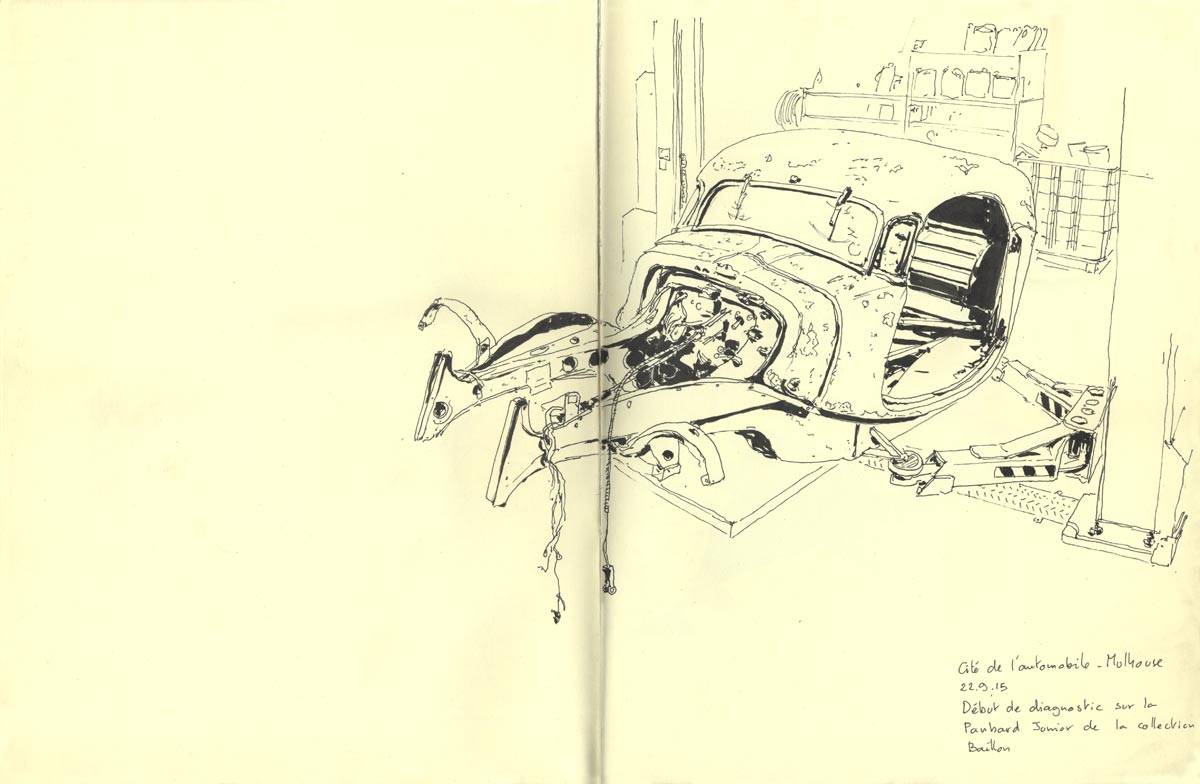 Croquis de garages, Panhard Levassor Dynamic Coupé Junior, Dans les ateliers du Musée de l'Automobile de Mulhouse