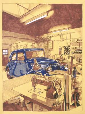 Croquis de garages, Sellerie automobile hoerdth, Feutres, environ 40cm x 60cm