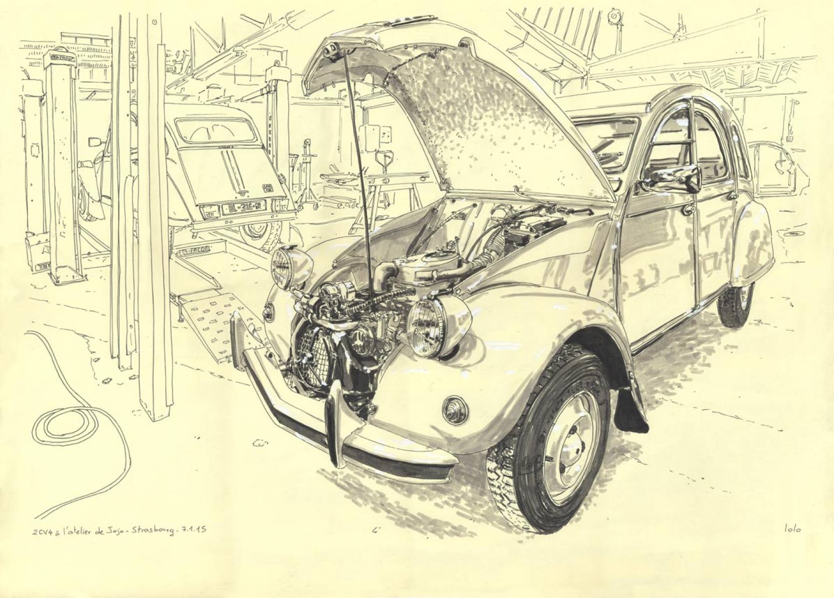 Croquis de garages, Atelier de Jojo, Citroën 2cv 4