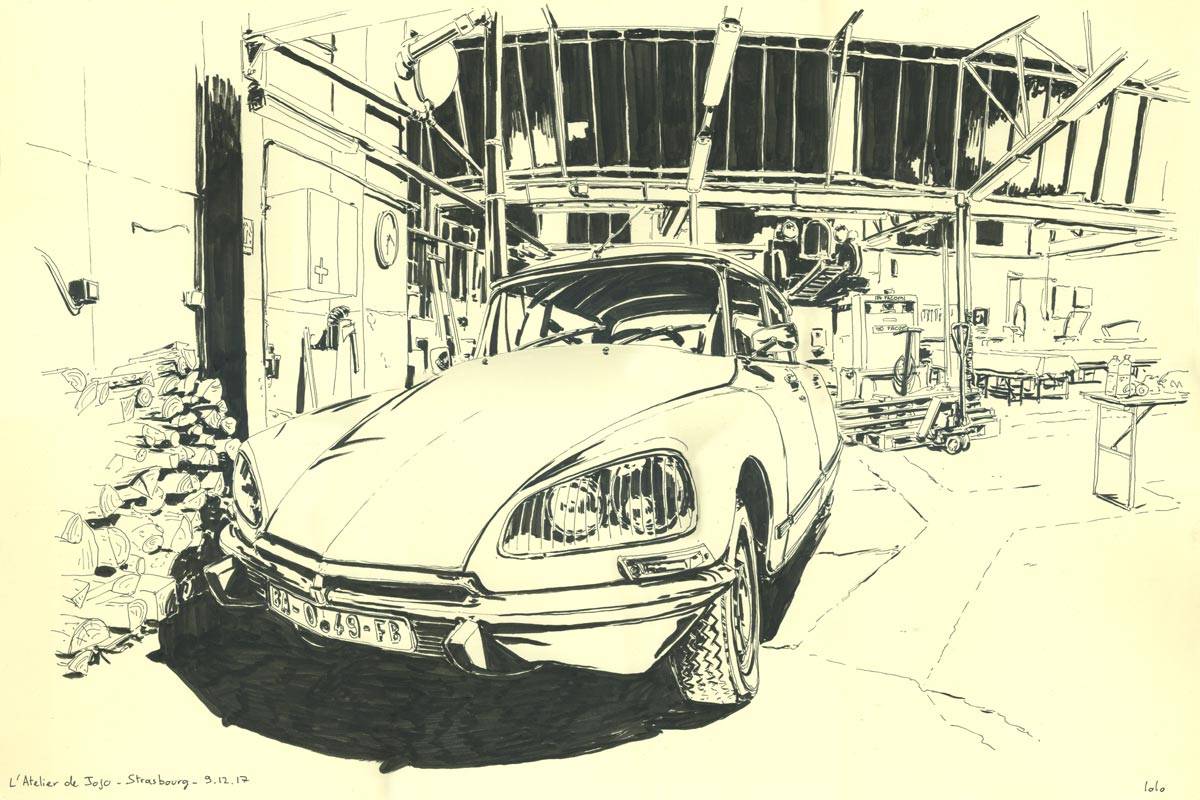 Croquis de garages, Atelier de Jojo, Dessin de commande, format Raisin