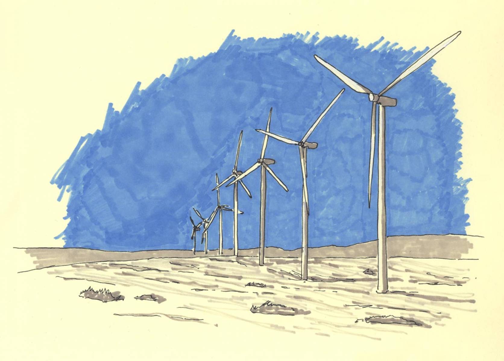 Les Ciments du Maroc, Eoliennes, Croquis pour Saga communication - Cassablanca - Maroc