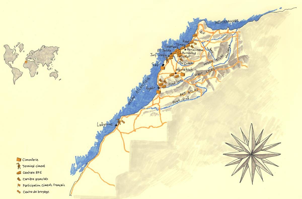 Les Ciments du Maroc, Carte d'implantation au maroc, Croquis pour Saga communication - Cassablanca - Maroc