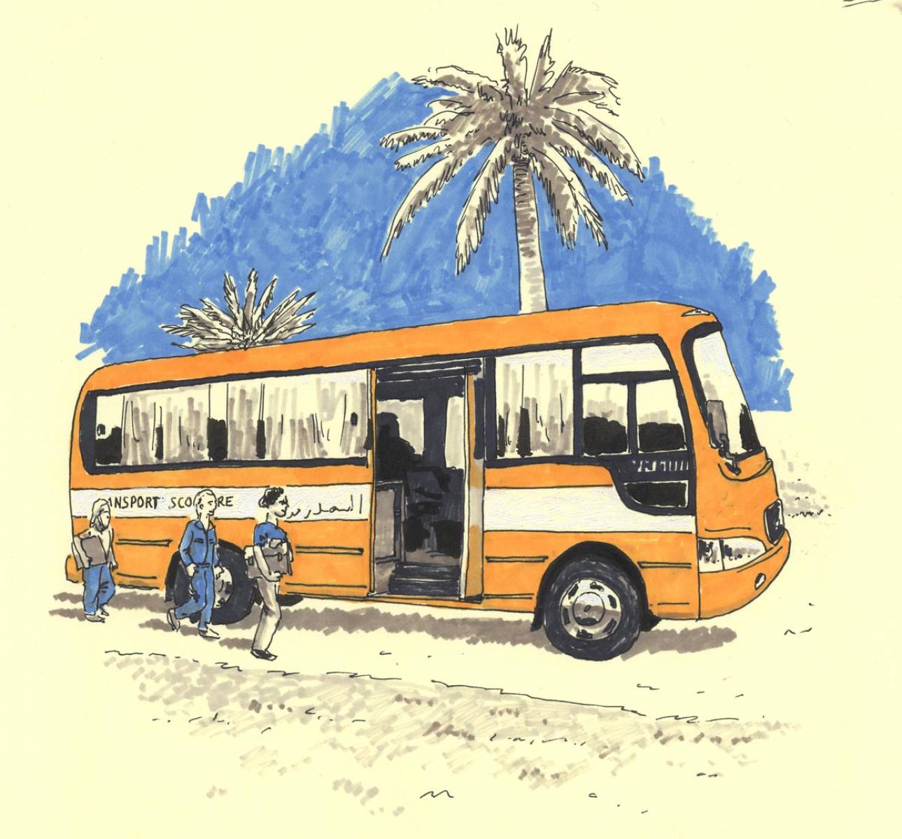 Les Ciments du Maroc, Bus scolaire, Croquis pour Saga communication - Cassablanca - Maroc
