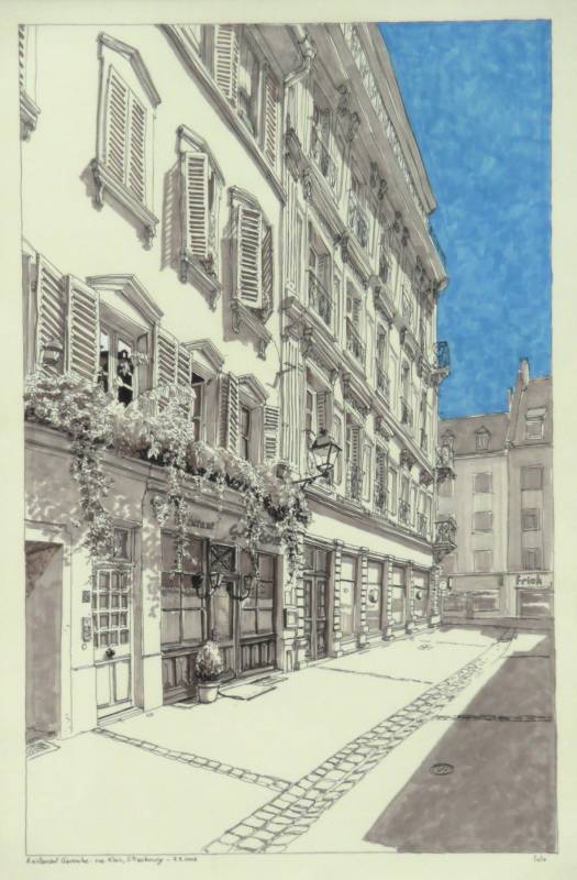 Restaurant Gavroche, L'extérieur du restaurant, Croquis aux feutres sur papier
40 cm x 60 cm environ