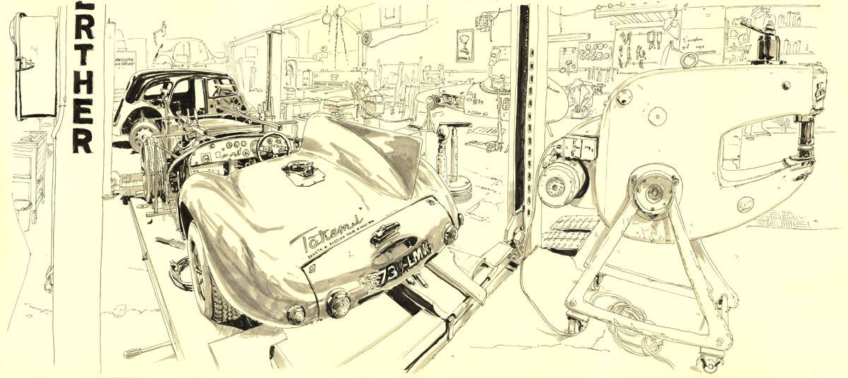 Panoramiques, Jaguar Lister chez H.H.Services - Strasbourg, Croquis aux feutres. 90cm x 40cm environ