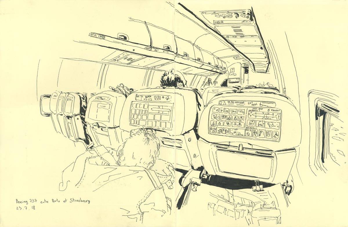 Porto, symposium Urban Sketchers, Dans le boeing 737 à destination de Strasbourg, 
