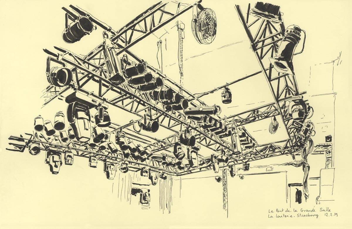 La Laiterie, voyage à domicile, Le pont de la grande scène, Travail pour célébrer les 25 ans de la Laiterie, salle de musiques actuelle de Strasbourg.
Commandé par Artefact PRL