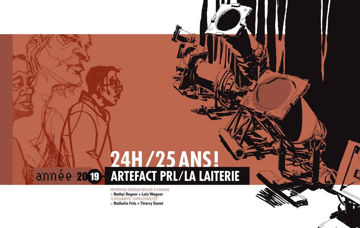 La Laiterie, voyage à domicile, Couverture du livre, Travail pour célébrer les 25 ans de la Laiterie, salle de musiques actuelle de Strasbourg.
Commandé par Artefact PRL